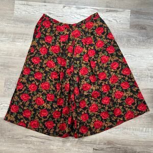 Vintage High-Waisted Black & Red Rose Print Skirt 2X